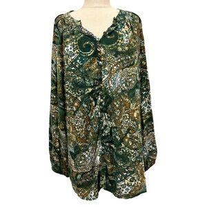 Arna York Collection Green Paisley Button Front Blouse Womens Size 20 Boho Boho